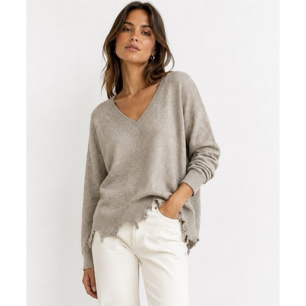 Venti6 Italy Distressed Hem Sweater Gray Brown Viscose V Neck Oversized L/XL